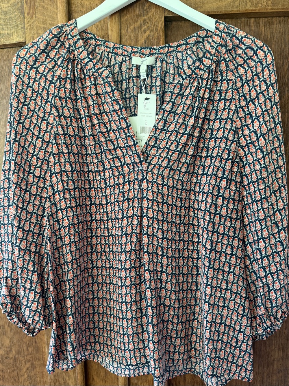 Joie Navy & Coral Floral V-Neck Blouse